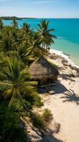 AI generated Aerial View of an Isolated Thatched Hut on a Tranquil Tropical Beach with Space for Text photo