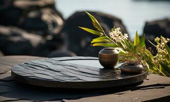 AI generated a stone plate is on top of a table near a beach photo