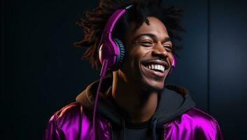 AI generated a young black man in headphones smiling photo