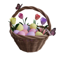 Easter basket of eggs with tulips and a butterfly on it png