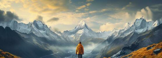 AI generated a man standing in the middle of some mountains photo