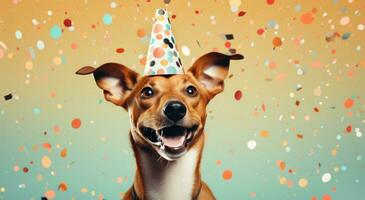 AI generated a tan dog with a party hat in front of confetti photo