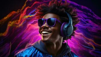 AI generated a young black man in headphones smiling photo