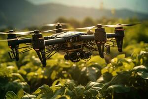 ai generado aéreo ver de granja zumbido volador terminado campo, puesta de sol foto