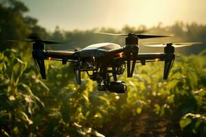 AI generated aerial view of farm drone flying over countryside, sunset photo