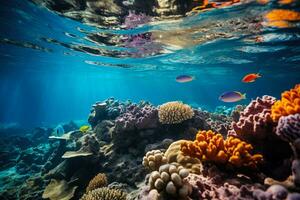 ai generado un submarino escena demostración un buzo explorador un vibrante coral arrecife con vistoso pescado y marina vida foto