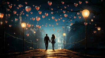 ai generado un Pareja participación manos caminando abajo un camino forrado con corazón conformado globos debajo un claro cielo foto