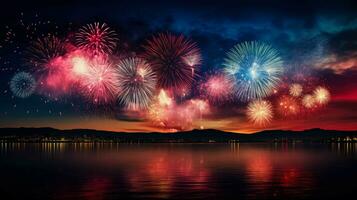 ai generado un espectacular fuegos artificiales monitor terminado un ciudad horizonte o un lago simbolizando cuarto de julio celebraciones con rojo blanco y azul colores dominante el escena con vacío espacio para texto foto