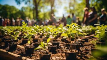 AI generated A community event in a park celebrating Earth Day with people planting trees and educational booths about environmental conservation photo