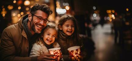 ai generado un acogedor interior escena con un padre apertura regalos desde su niños exhibiendo sonrisas y la risa foto