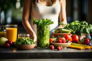 AI generated A bright modern kitchen scene with a person preparing a healthy meal surrounded by fresh fruits vegetables and a smoothie with empty space for text photo