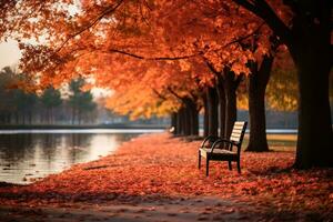 ai generado un pintoresco escena de un parque en otoño con arboles en vibrante sombras de naranja y rojo y hojas suavemente que cae a el suelo foto