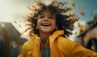 AI generated child in yellow jacket with hair curly photo