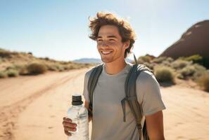 AI generated attractive young man is holding a water bottle while jogging on a sunny day photo