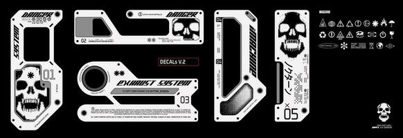 Cyber decal set. Futuristic decal, label, panel, sticker collection. high tech acid frame layout, etc. vector