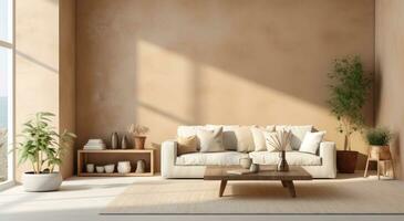 AI generated beige wall home interior living room with a beige sofa in front of large window photo