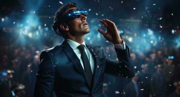 AI generated businessman in suit wearing a virtual reality head photo