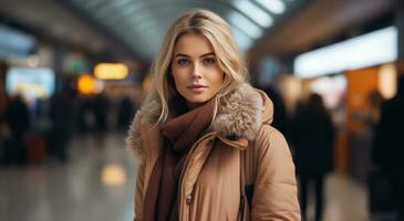 ai generado un atractivo joven mujer en un marrón abrigo. en pie en un aeropuerto foto