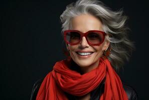 ai generado un más viejo mujer con gris cabello, lentes y rojo bufanda es sonriente foto