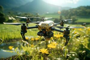 AI generated drone image flying over a rice field with a sunflower in background photo