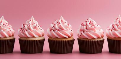 AI generated cupcakes with pink frosting are in a row on a pink background photo