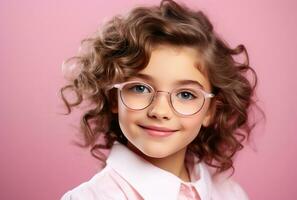 ai generado niña con lentes en contra rosado antecedentes foto