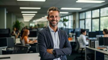 AI generated man smiling in office having photo taken