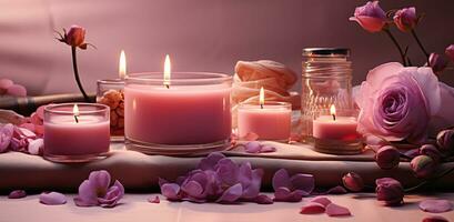 AI generated lavender candles, rose petals, and an orange oil roller on a table photo