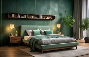 ai generado Maestro dormitorio verde terciopelo dormitorio interior con de madera estantería foto