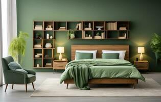 ai generado Maestro dormitorio verde terciopelo dormitorio interior con de madera estantería foto