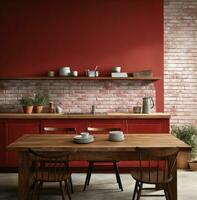 AI generated of a drab kitchen with red brick walls and a wooden table photo