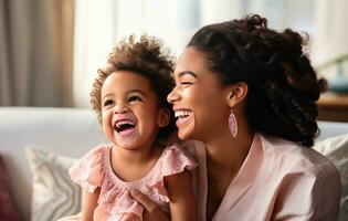 AI generated mother and daughter laughing on sofa photo