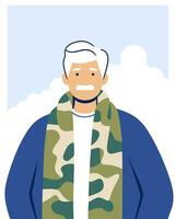 Portrait of an elderly gray-haired man with a mustache and a camouflage scarf. Flat vector illustration.