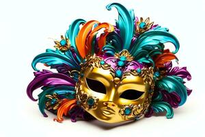 ai generado extravagante mardi gras mascaras brillante colores aislado foto