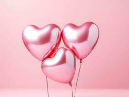 AI generated Air Balloons of heart shaped foil on pastel pink background photo