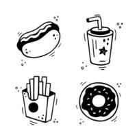 Fast food icons set - Hot Dog, French fries, paper cup with drink, pie, donut. Hand drawn fast food combination. Comic doodle sketch style. Vector illustration