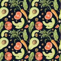 Hand drawn watercolor vegetables, salad and nuts mix for diet, healthy lifestyle, vegan cooking. Illustration seamless pattern isolated on dark background. Design poster, print, website, card, menu vector