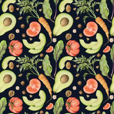 Hand drawn watercolor vegetables, salad and nuts mix for diet, healthy lifestyle, vegan cooking. Illustration seamless pattern isolated on dark background. Design poster, print, website, card, menu