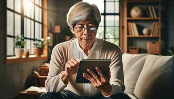 AI generated A senior asian adult male using a tablet to watch tutorial videos at home. Generative AI. photo