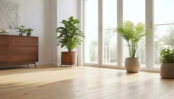 ai generado un brillante y aireado habitación con de madera mueble y en conserva plantas foto