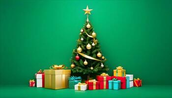 ai generado un festivo Navidad escena con regalos y un decorado árbol foto