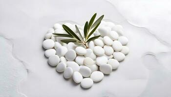 AI generated Symmetrical Heart of White Pebbles with Green Olive Branch photo
