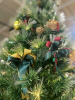 Christmas tree, green bow, and red glass ball hanging from a pine branch during the Christmas celebration. photo