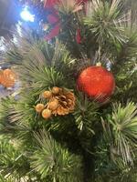 Christmas tree, green bow, and red glass ball hanging from a pine branch during the Christmas celebration. photo