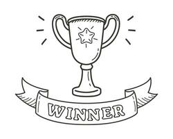 Winner trophy in doodle style. Illustration of a champion cup with ribbon. Cartoon outline illustration of award vector