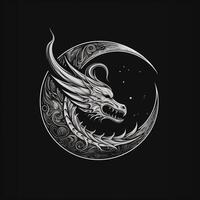 AI generated sketchy logo featuring dragon head in gray on a black background. Generative AI photo