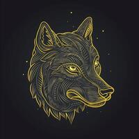 AI generated Sketchy logo featuring an outline wolf head in yellow on a black background. Generative AI photo