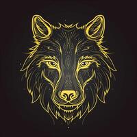 AI generated Sketchy logo featuring an outline wolf head in yellow on a black background. Generative AI photo