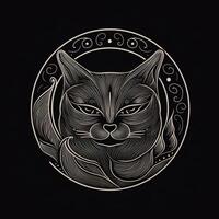 AI generated sketchy logo featuring cat head in gray on a black background. Generative AI photo