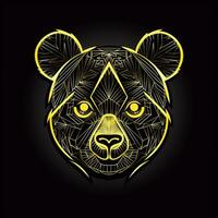 AI generated sketchy logo featuring an outline panda head in yellow on a black background. Generative AI photo